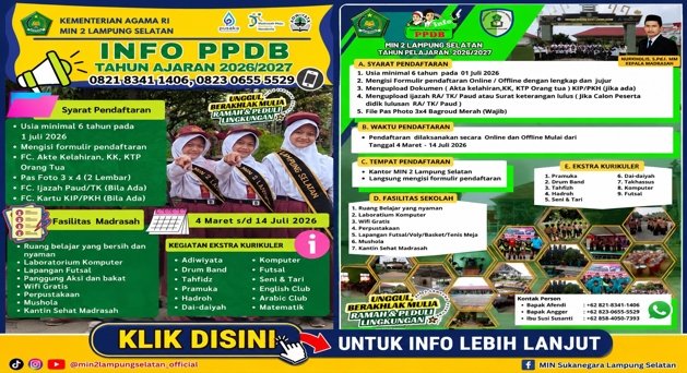 MIN 2 Lampung Selatan Resmi Buka PPDB 2026/2027, Padukan Prestasi Akademik dan Pendidikan Karakter